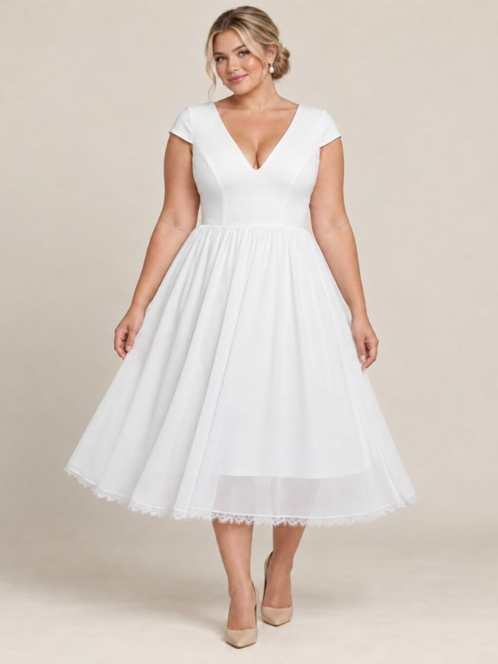 Dress the Population Corey White Bridal Midi Dress XXL NWT Lace Hem V Neck